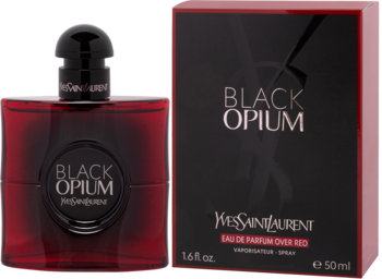 Flakon perfum YSL Black Opium Over Red w ciemnoczerwonym szkle i czarne pudełko na białym tle.