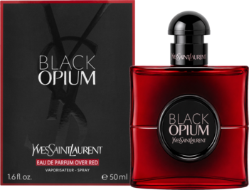 Czerwona butelka wody perfumowanej Yves Saint Laurent Black Opium Over Red 50ml z czarnym pudełkiem.