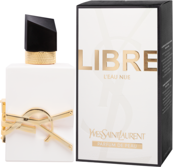 Biały flakon perfum YSL Libre L'Eau Nue ze złotym logo, obok biało-czarne pudełko produktu.