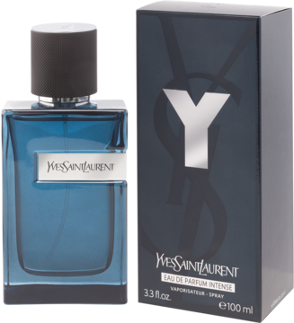 YSL Y Eau de Parfum Intense: męskie perfumy w niebieskiej butelce i ciemnym pudełku z srebrnym Y, widok z przodu.