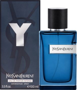 Yves Saint Laurent Y Intense, męska woda perfumowana 100ml, ciemnoniebieska butelka i pudełko obok siebie.