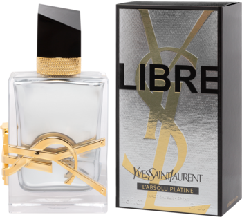 YSL Libre L'Absolu Platine: srebrna butelka perfum ze złotym logo, obok srebrne pudełko. Widok z przodu.