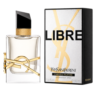 Perfumy damskie YSL Libre L'Absolu Platine: butelka z logo YSL i pudełko z napisem "LIBRE" obok siebie.