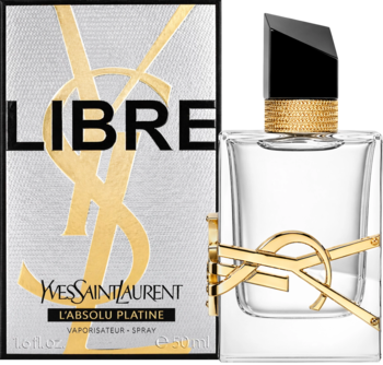 Perfumy YSL Libre L'Absolu Platine: przejrzysta butelka ze złotym YSL, czarno-złota nakrętka, srebrne pudełko.