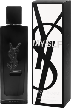 YSL MYSLF Eau de Parfum: czarny flakon z logo YSL i pasujące biało-czarne pudełko, ujęcie z przodu.