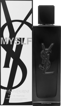 Woda perfumowana YSL Myslf męska, czarny prostokątny flakon z reliefowym logo YSL, obok białe opakowanie.