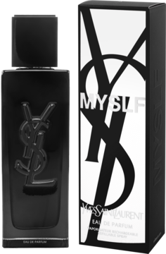 YSL MYSLF woda perfumowana. Czarna butelka z tłoczonym logo, obok czarne pudełko z białym napisem, widok z przodu.