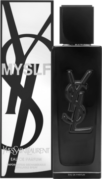 Yves Saint Laurent Myslf męska woda perfumowana w czarnej butelce i pasującym pudełku, widok z przodu.
