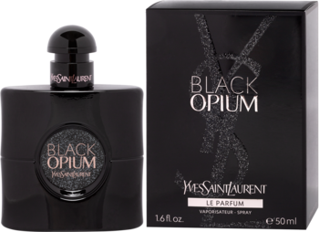 Perfumy Yves Saint Laurent Black Opium Le Parfum: czarna butelka i pudełko z brokatem, widok z przodu.