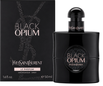 Perfumy damskie Yves Saint Laurent Black Opium, czarna brokatowa butelka i pudełko, widok z przodu.