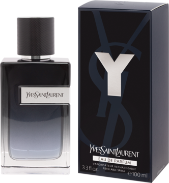 Yves Saint Laurent Y Eau de Parfum męskie, butelka z gradientem i czarne pudełko z białym Y, widok z przodu.