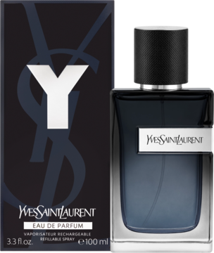 Yves Saint Laurent Y EDP męska, ciemnogranatowa butelka z białym logo i opakowanie z napisem 100ml, widok z przodu.