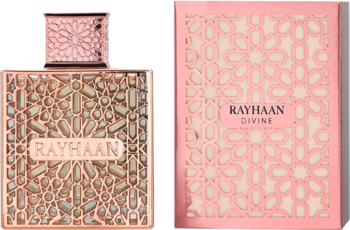 Perfumy Rayhaan Divine w różowo-złotej butelce z geometrycznym wzorem, widok z przodu obok pudełka.