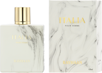 Perfumy męskie Italia Pour Homme Rayhaan 100ml w butelce i pudełku z białym, marmurowym wzorem, złota zakrętka.