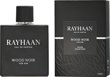 Flakon perfum Rayhaan Wood Noir For Him, czarny, matowy, obok dopasowanego pudełka z subtelnymi wzorami. Widok z przodu.
