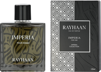 Perfumy Rayhaan Imperia Pour Homme 125ml: butelka z kaligrafią i czarne pudełko w orientalne wzory.