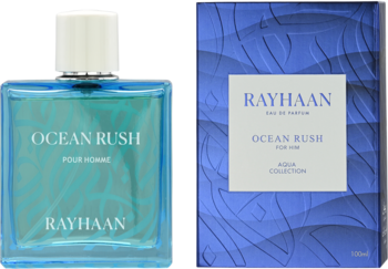 Rayhaan Ocean Rush woda perfumowana dla mężczyzn. Błękitna butelka i pudełko Aqua Collection, widok z przodu.
