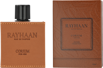 RAYHAAN CORIUM FOR HIM perfumy w brązowym flakonie i pudełku o fakturze skóry, widok przodem.