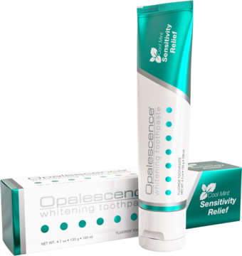 Opalescence Sensitivity Relief pasta do zębów, tubka i pudełko, biało-turkusowe, smak Cool Mint, z przodu.