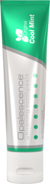 Opalescence Whitening Toothpaste Original Cool Mint, biała tubka z zielonym paskiem i liściem mięty, z przodu.
