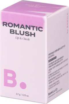 Banila Co Romantic Blush Dear Bunny, róż w sztyfcie Lip & Cheek, jasnoróżowe pudełko, widok pod kątem.