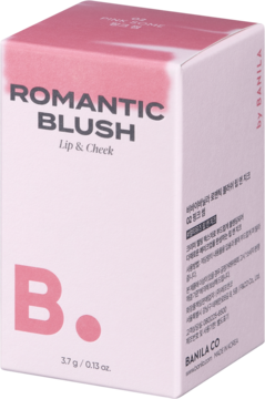 Jasnoróżowe pudełko kremowego różu w sticku Banila Co Romantic Blush Lip & Cheek, widok z przodu.