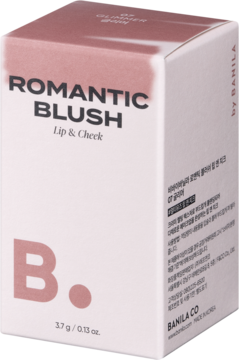 Opakowanie Banila Co Romantic Blush Lip & Cheek, biało-różowe, z napisem B. i wagą 3.7g, widok z przodu.