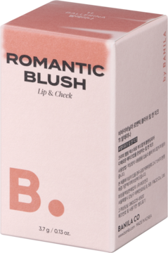 Brzoskwiniowo-różowe pudełko Banila Co Romantic Blush Lip & Cheek, z napisem B. i wagą 3.7g.