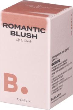 Białe, prostokątne opakowanie kremowego różu Banila Co Romantic Blush Peach Mousse Lip & Cheek, widok z przodu.
