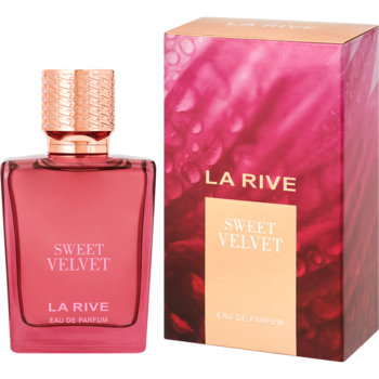 Kwiatowo-owocowe perfumy LA RIVE Sweet Velvet, różowa butelka EDP z miedzianym korkiem i pudełko, widok z przodu.
