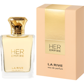 LA RIVE HER EMPIRE eau de parfum: złota butelka z przezroczystego szkła i brzoskwiniowe opakowanie kartonowe, przód i bok.