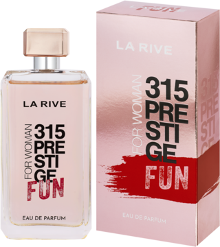 LA RIVE 315 Prestige Fun Eau de Parfum for women, clear bottle, pink-metallic box, black/red text, side view.
