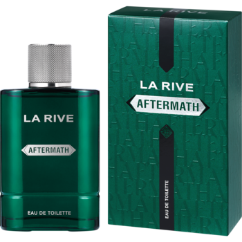 Ciemnozielona butelka LA RIVE AFTERMATH EAU DE TOILETTE ze srebrnym korkiem i pudełko, widok z przodu.