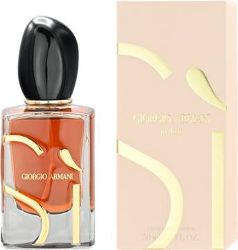 Perfumy Giorgio Armani Si, butelka z pomarańczowym płynem, czarną nakrętką i złotem, obok różowego pudełka. Widok z przodu.