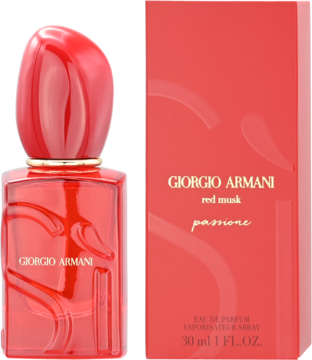 Czerwony perfum Giorgio Armani Red Musk Pasionne w butelce z wytłoczonymi sercami i czerwoną nakrętką, obok pudełko.