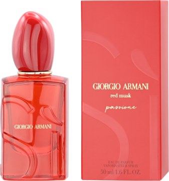 Czerwony flakon perfum Giorgio Armani Red Musk Passione 50ml z reliefem, obok dopasowane pudełko, widok z przodu.