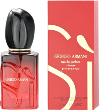 Giorgio Armani Sì Passione Eau de Parfum Intense, czerwona butelka z czarną nakrętką, obok czerwone opakowanie.