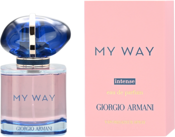 Giorgio Armani My Way Intense Eau de Parfum: różowy flakon z niebieskim korkiem, obok jasnoróżowe pudełko.