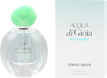 Giorgio Armani Acqua di Gioia EDP: przezroczysta butelka z zieloną nakrętką i biało-zielone pudełko, widok z przodu.