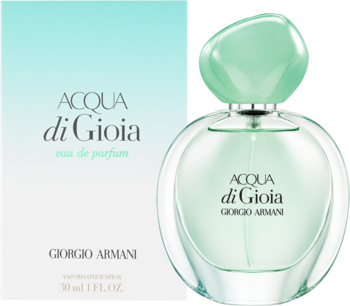 Damska woda perfumowana Giorgio Armani Acqua Di Gioia, przezroczysta butelka z zieloną nakrętką i pudełko gradientowe.
