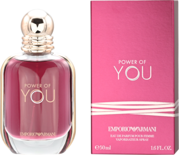 Emporio Armani Power of YOU woda perfumowana. Różowo-bordowa butelka ze złotym korkiem, obok pasujące różowe pudełko.