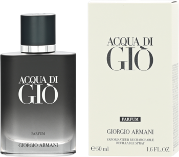 Perfumy męskie Giorgio Armani Acqua di Gio Parfum, butelka gradientowa i białe opakowanie, widok z przodu.
