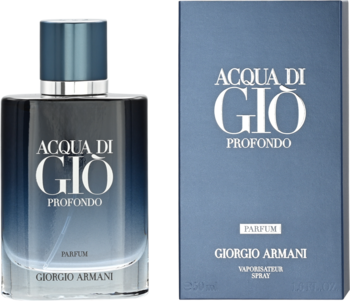 Acqua di Gio Profondo Parfum Giorgio Armani: ciemnoniebieska butelka z gradientem i pasujące pudełko obok, widok z przodu.