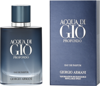 Acqua di Gio Profondo Giorgio Armani Eau de Parfum. Ciemnoniebieski flakon i pudełko obok siebie, widok z przodu.