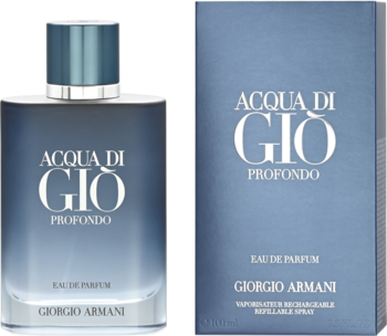 Acqua di Gio Profondo EDP Giorgio Armani: niebieski flakon z gradientem i srebrnym korkiem, obok pudełko.