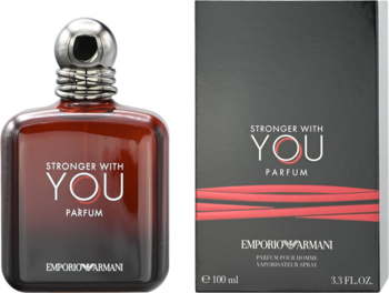 Emporio Armani Stronger With You Parfum. Ciemna butelka z gradientem i czarne pudełko z czerwonymi liniami, widok z przodu.