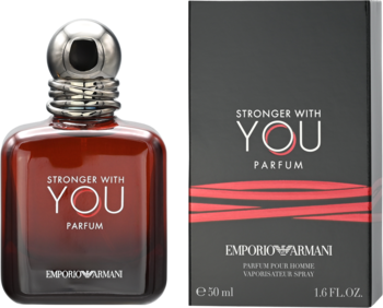 Emporio Armani Stronger With You Parfum męskie. Ciemnobursztynowa butelka i czarne pudełko z czerwonymi pasami, widok z przodu.
