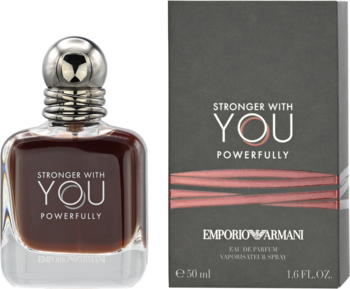 Emporio Armani Stronger With You Powerfully EDP, ciemnobrązowa butelka z metalowym korkiem i czarne pudełko z czerwonymi pasami.