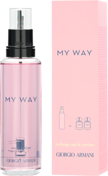 Różowy flakon Giorgio Armani MY WAY recharge eau de parfum oraz opakowanie kartonowe z instrukcją uzupełniania.