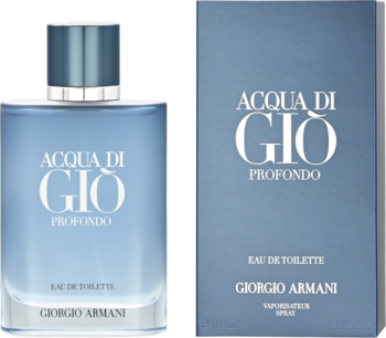 Granatowa butelka perfum Acqua di Gio Profondo i dopasowane opakowanie, widok z przodu obok siebie.